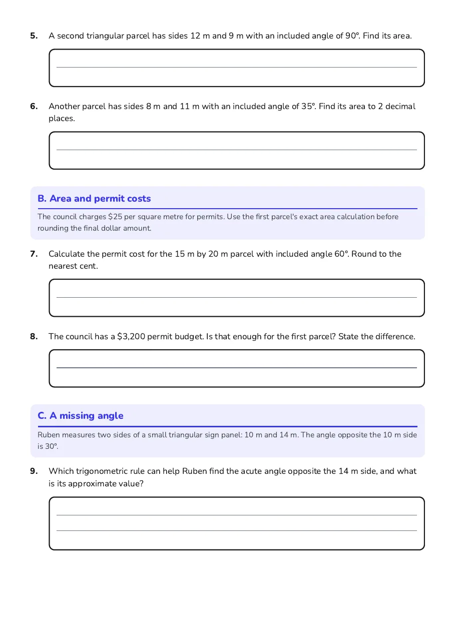Trigonometry Triangle Area Challenge, page 2 of 3: B. Area and permit costs, C. A missing angle