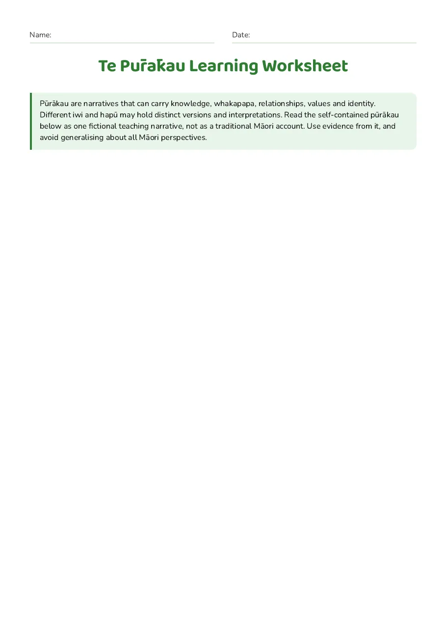 Te Pūrākau Learning Worksheet, page 1 of 4: Pū rā kau are narratives that can carry knowledge, whakapapa, relationships, values and…
