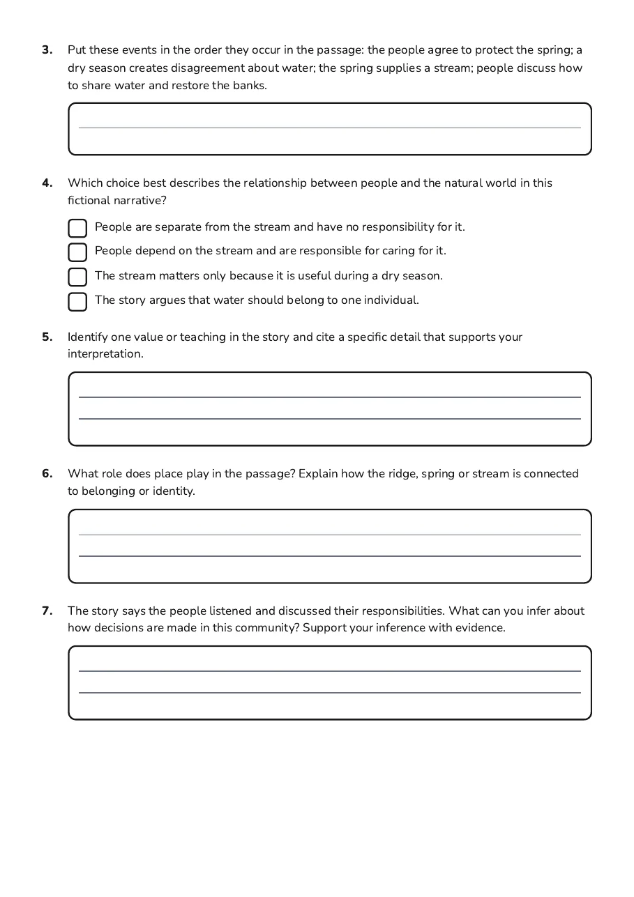 Te Pūrākau Learning Worksheet, page 3 of 4: 3. Put these events in the order they occur in the passage: the people agree to protect…