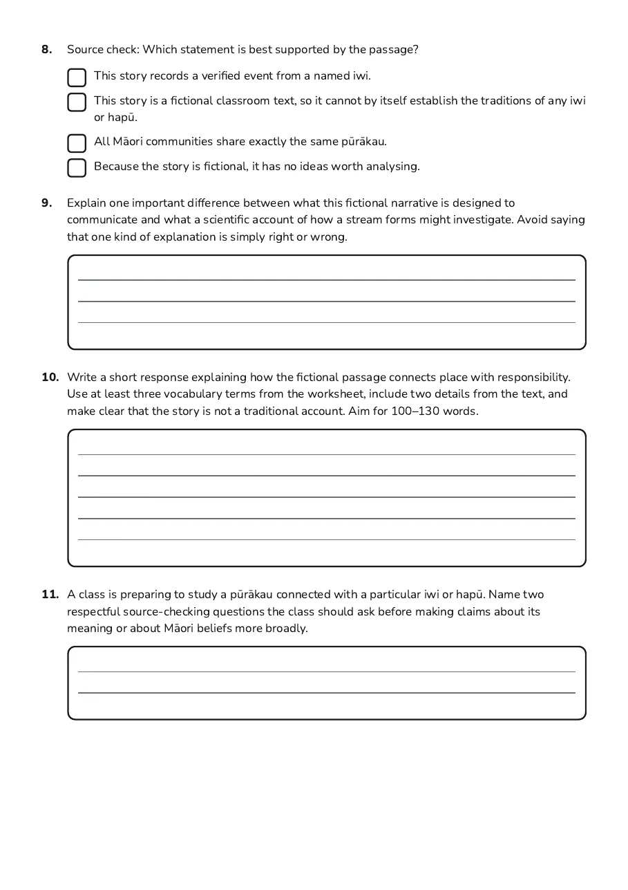 Te Pūrākau Learning Worksheet, page 4 of 4: 8. Source check: Which statement is best supported by the passage?