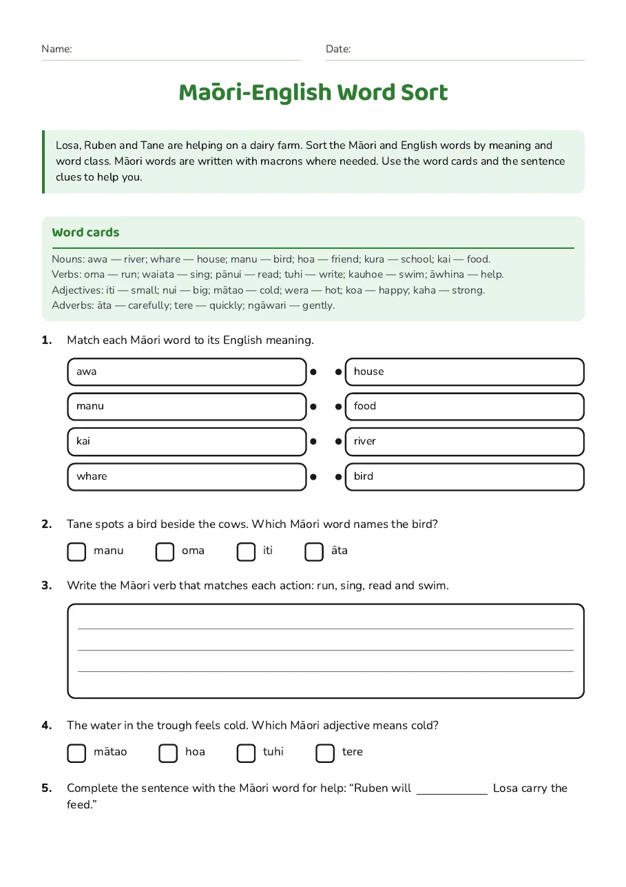 Māori-English Word Sort, page 1 of 2: Word cards