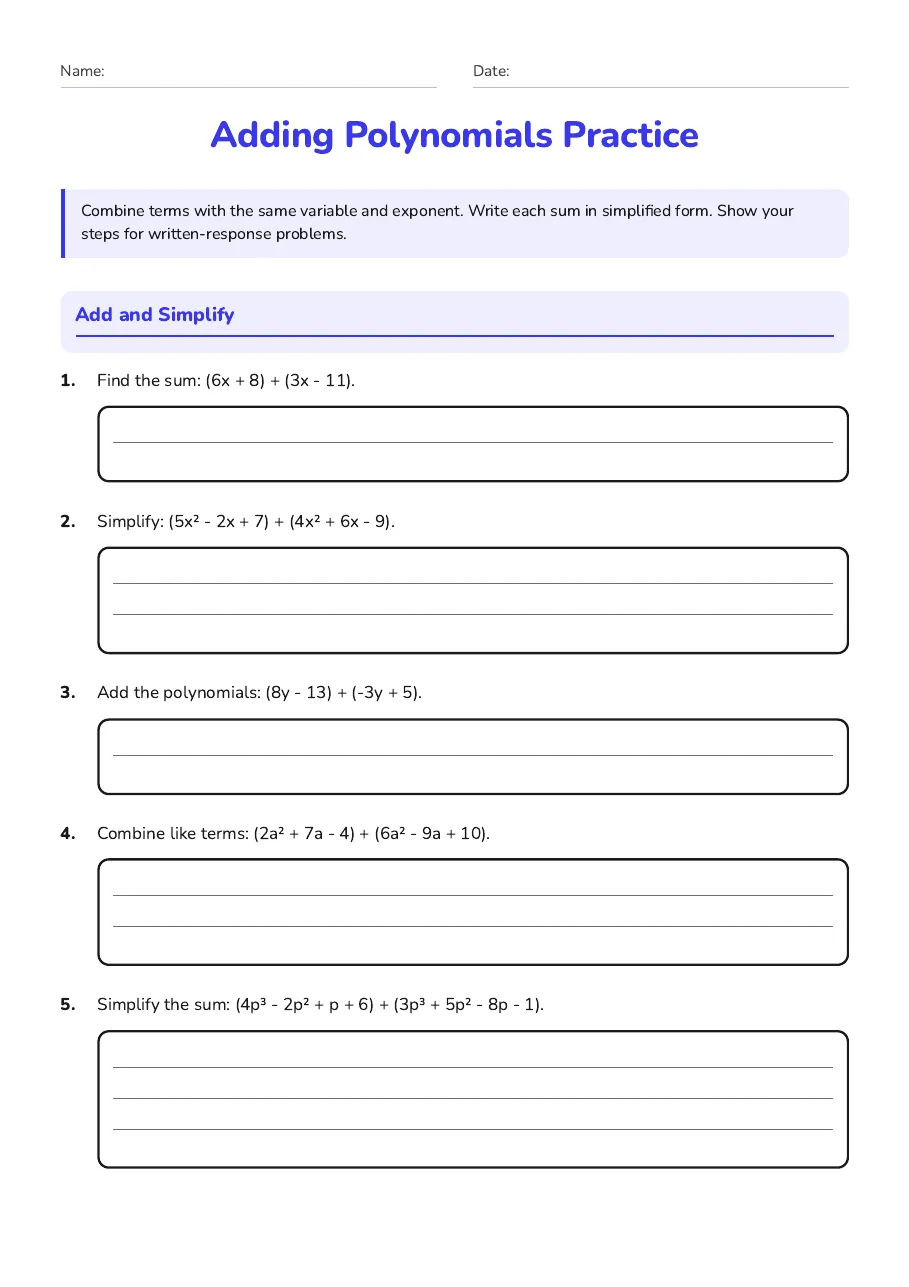 Adding Polynomials Practice, page 1 of 3: Add and Simplify
