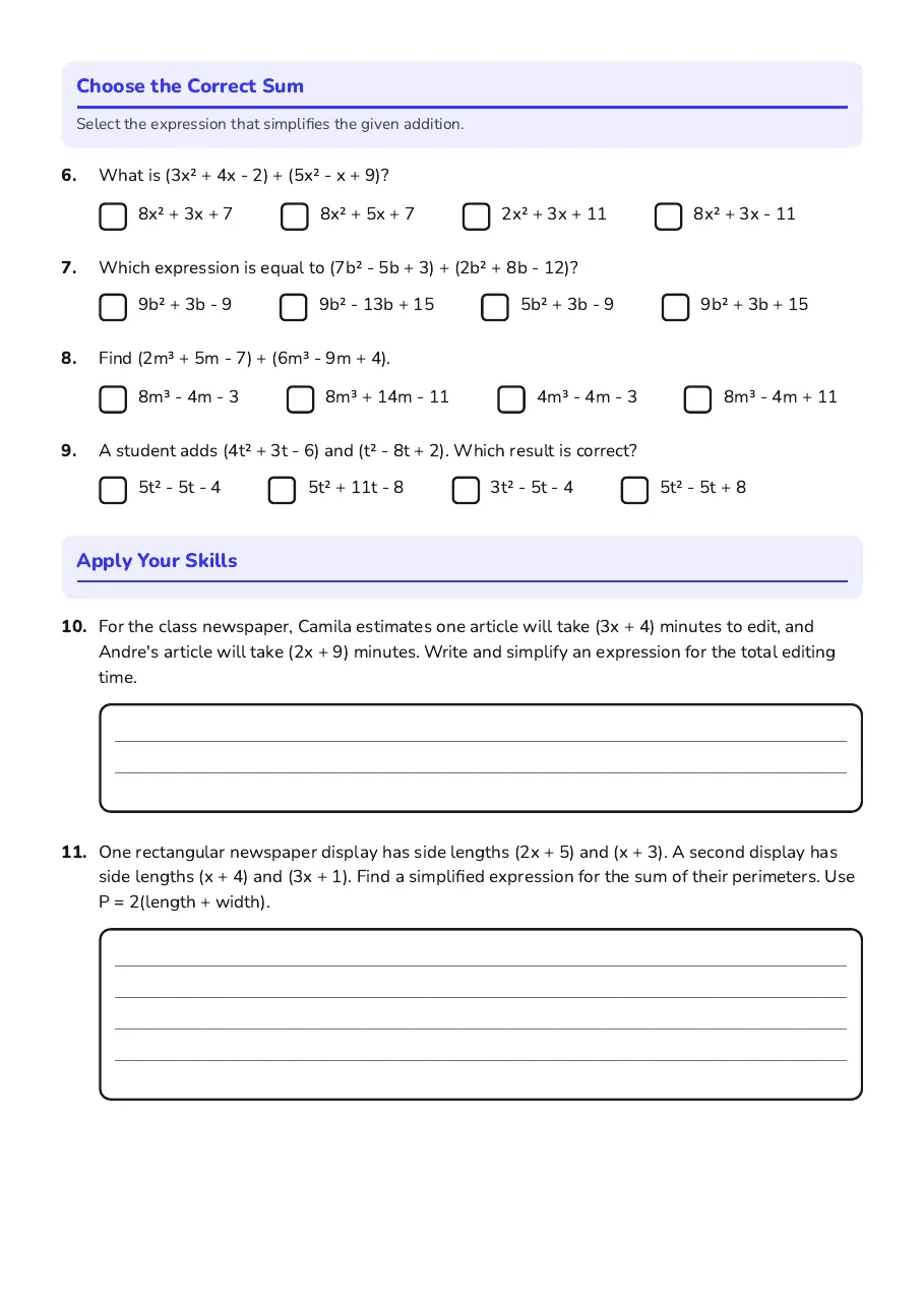 Adding Polynomials Practice, page 2 of 3: Choose the Correct Sum, Apply Your Skills