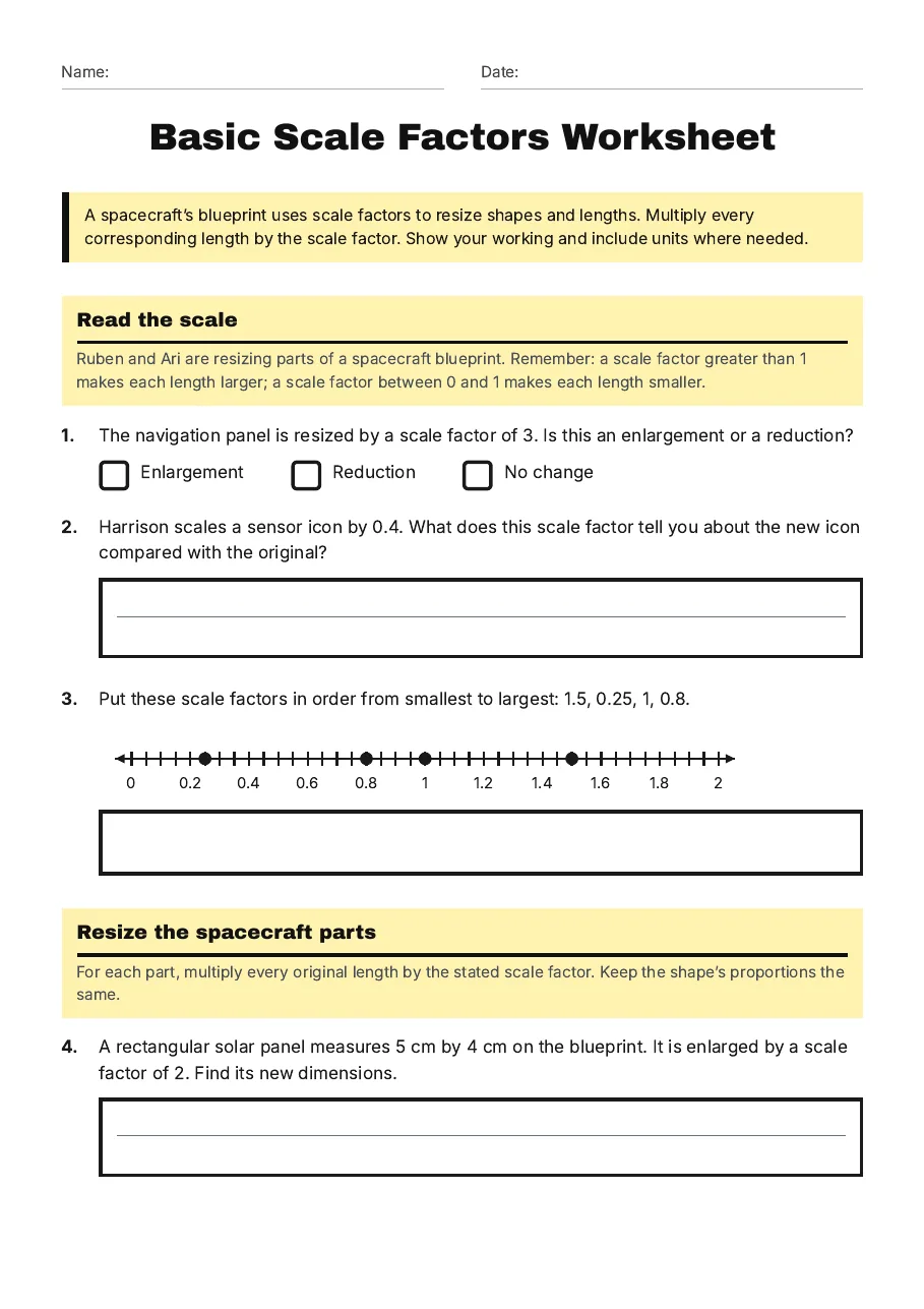 Basic Scale Factors Worksheet, page 1 of 2: Read the scale, Resize the spacecraft parts