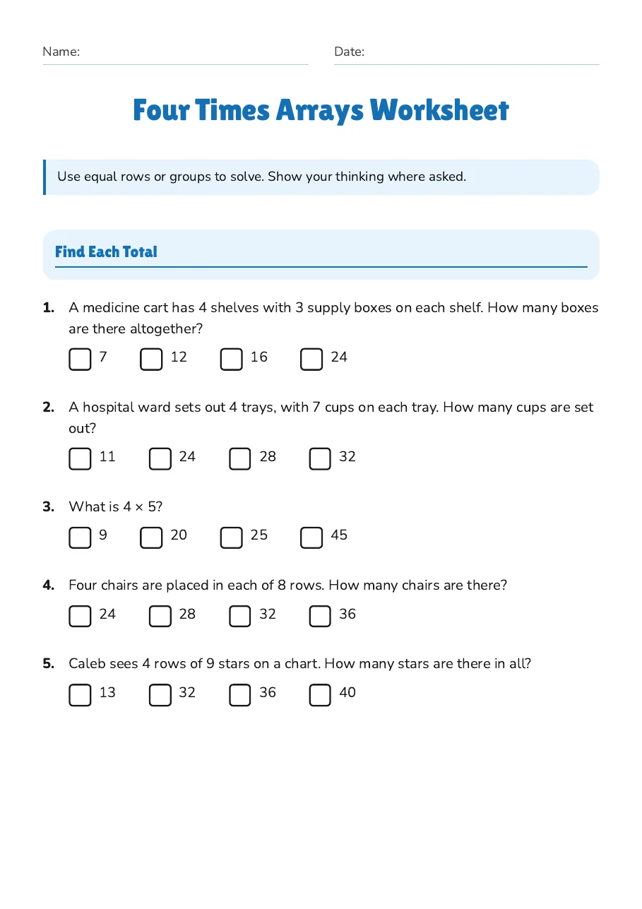 Four Times Arrays Worksheet, page 1 of 3: Find Each Total