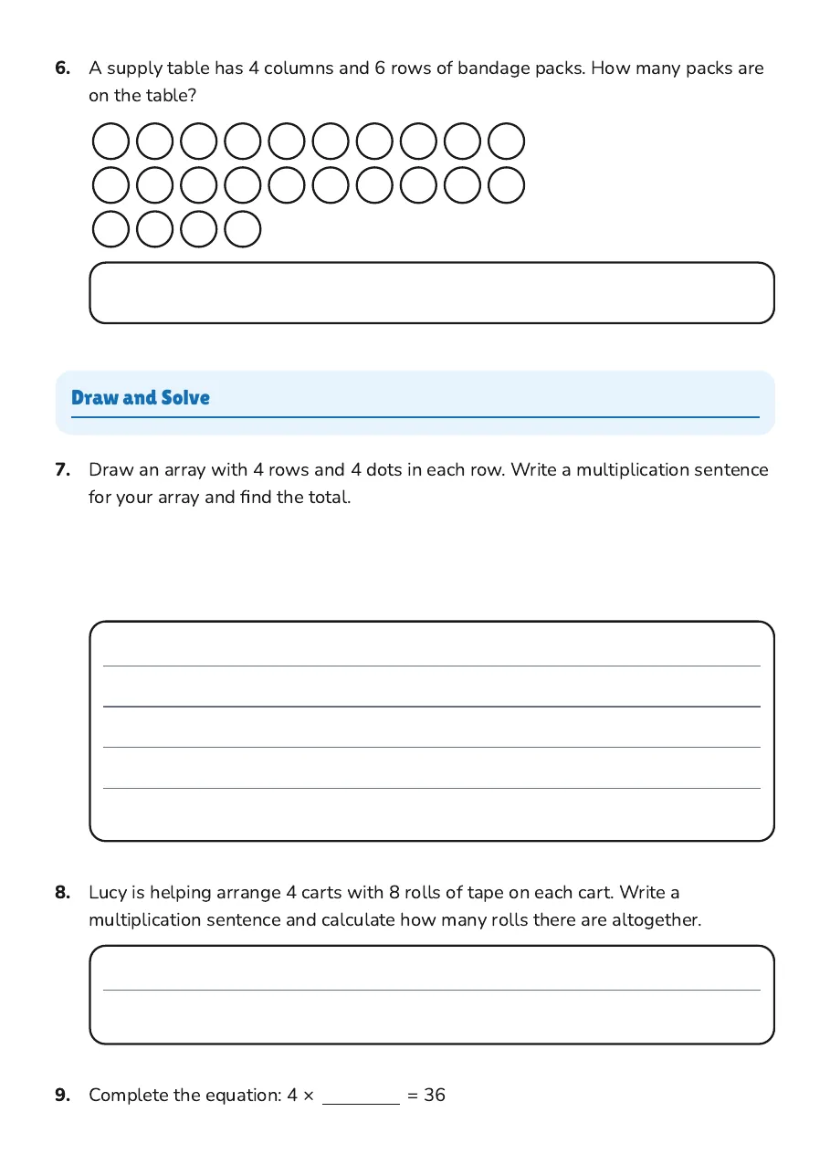 Four Times Arrays Worksheet, page 2 of 3: Draw and Solve