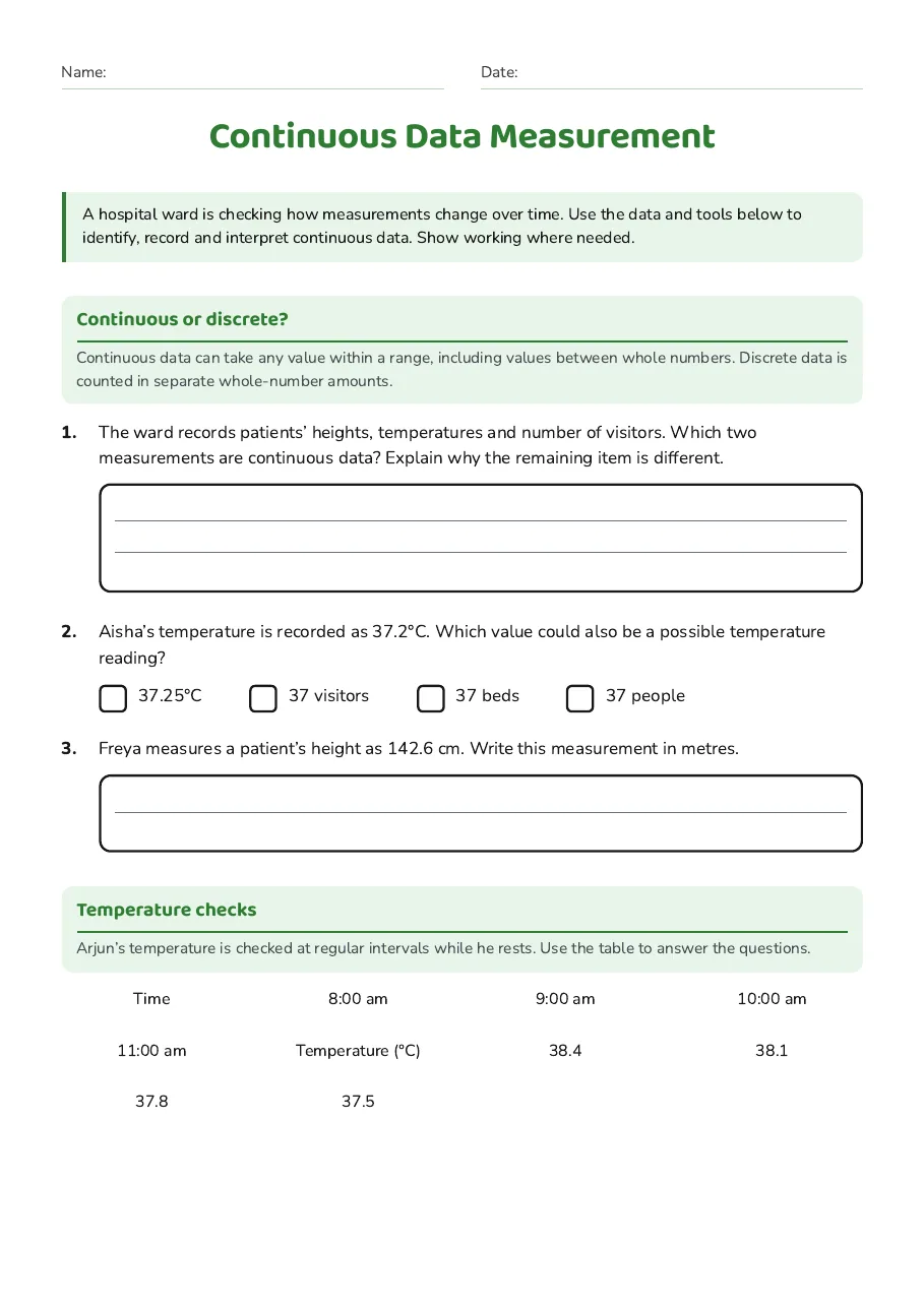 Continuous Data Measurement, page 1 of 3: Continuous or discrete?, Temperature checks