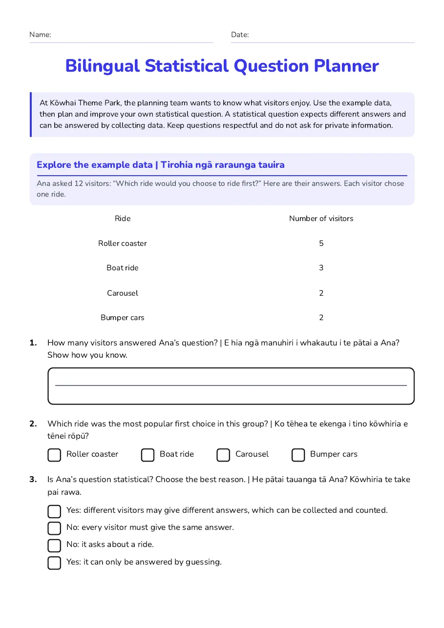 Bilingual Statistical Question Planner, page 1 of 3: Explore the example data | Tirohia ngā raraunga tauira