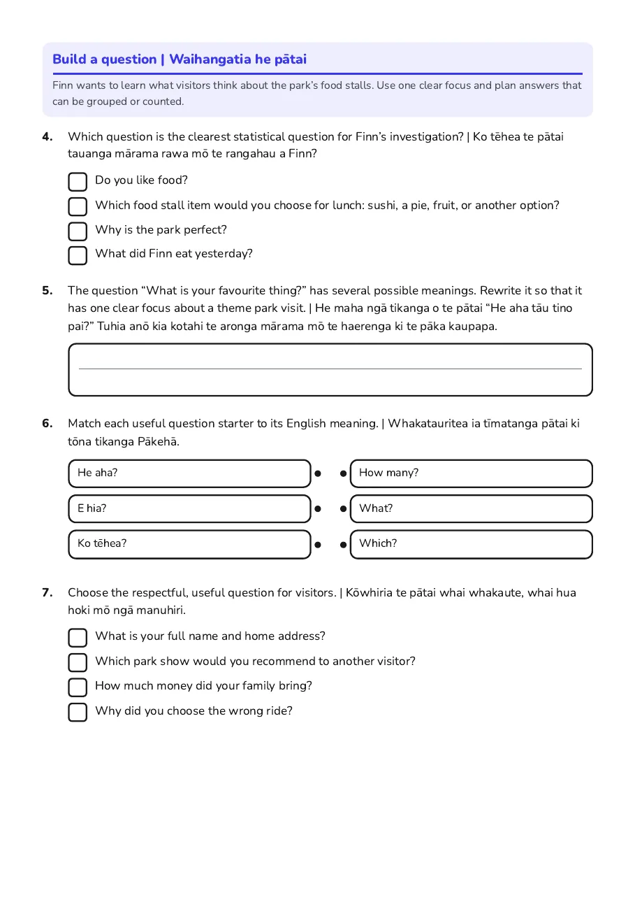 Bilingual Statistical Question Planner, page 2 of 3: Build a question | Waihangatia he pā tai