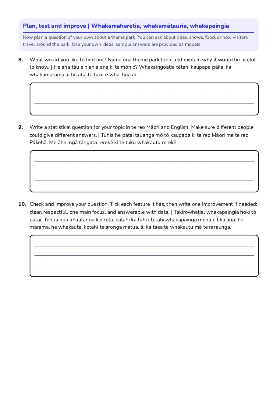 Bilingual Statistical Question Planner, page 3 of 3: Plan, test and improve | Whakamaheretia, whakamā tauria, whakapaingia