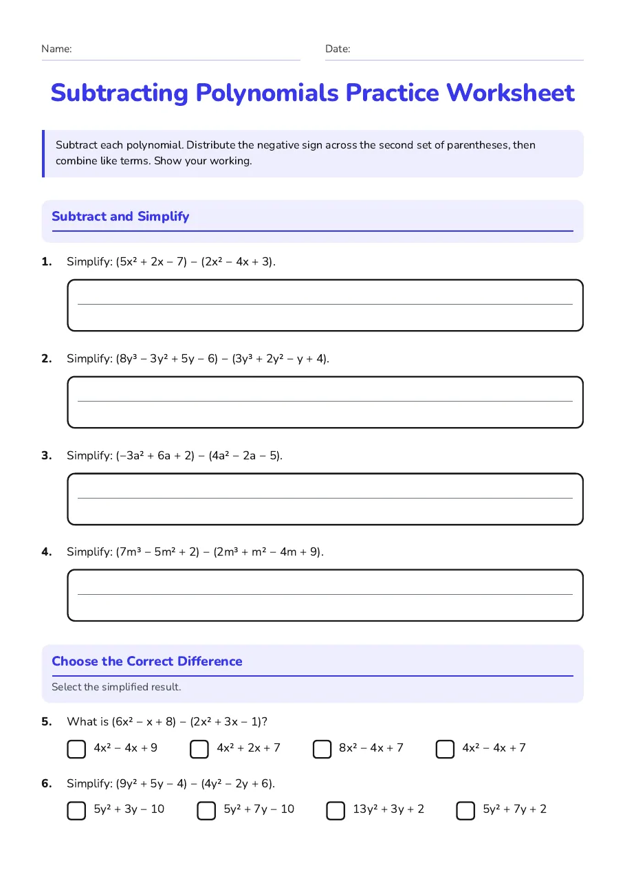 Subtracting Polynomials Practice Worksheet, page 1 of 2: Subtract and Simplify, Choose the Correct Difference