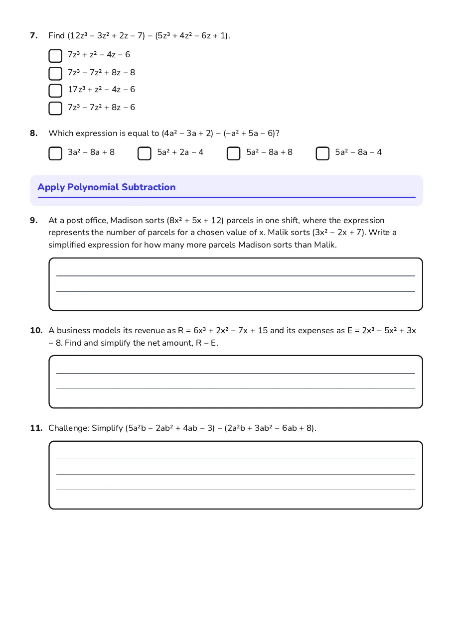 Subtracting Polynomials Practice Worksheet, page 2 of 2: Apply Polynomial Subtraction