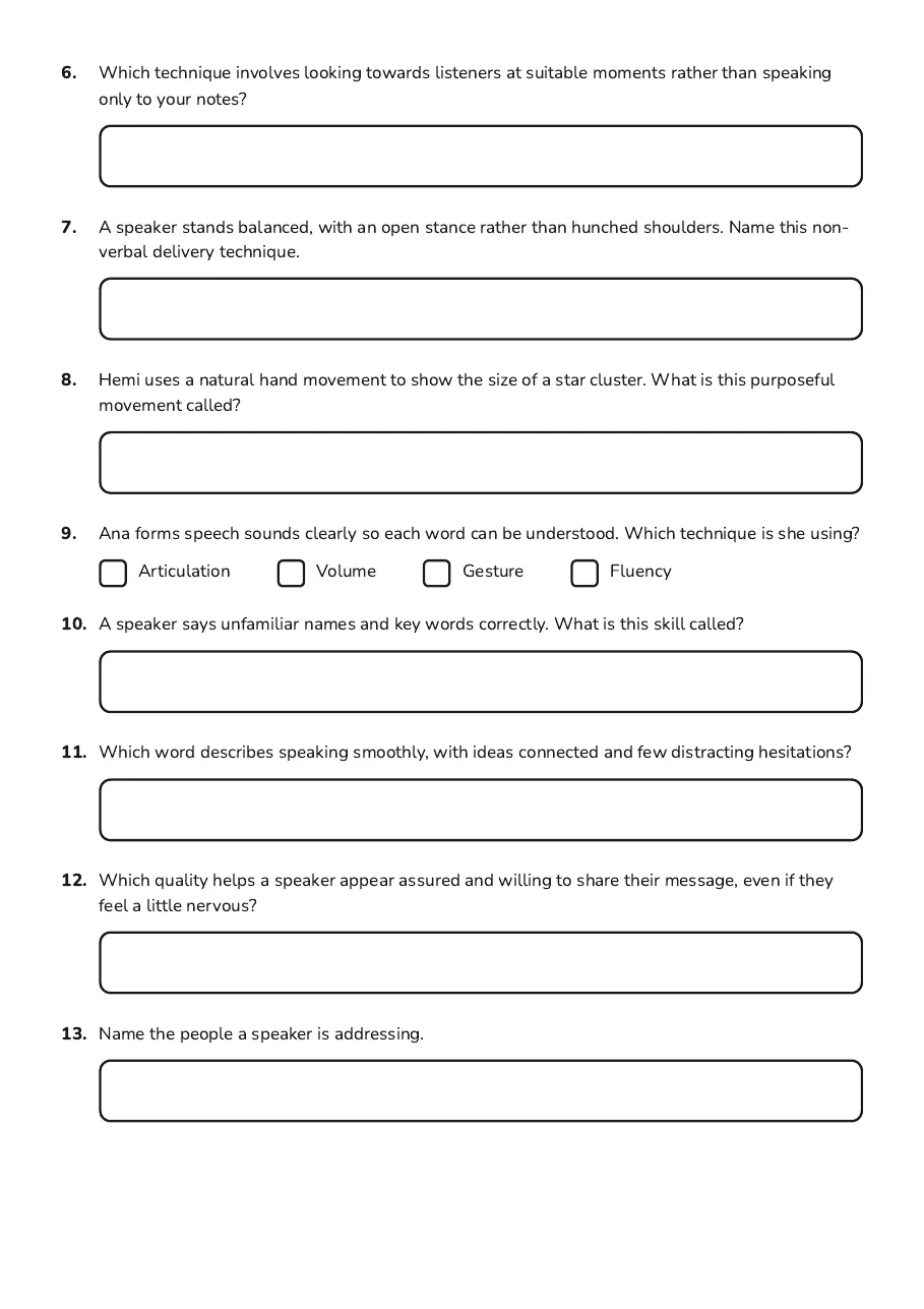 Speech Delivery Techniques, page 2 of 3: 6. Which technique involves looking towards listeners at suitable moments rather than…