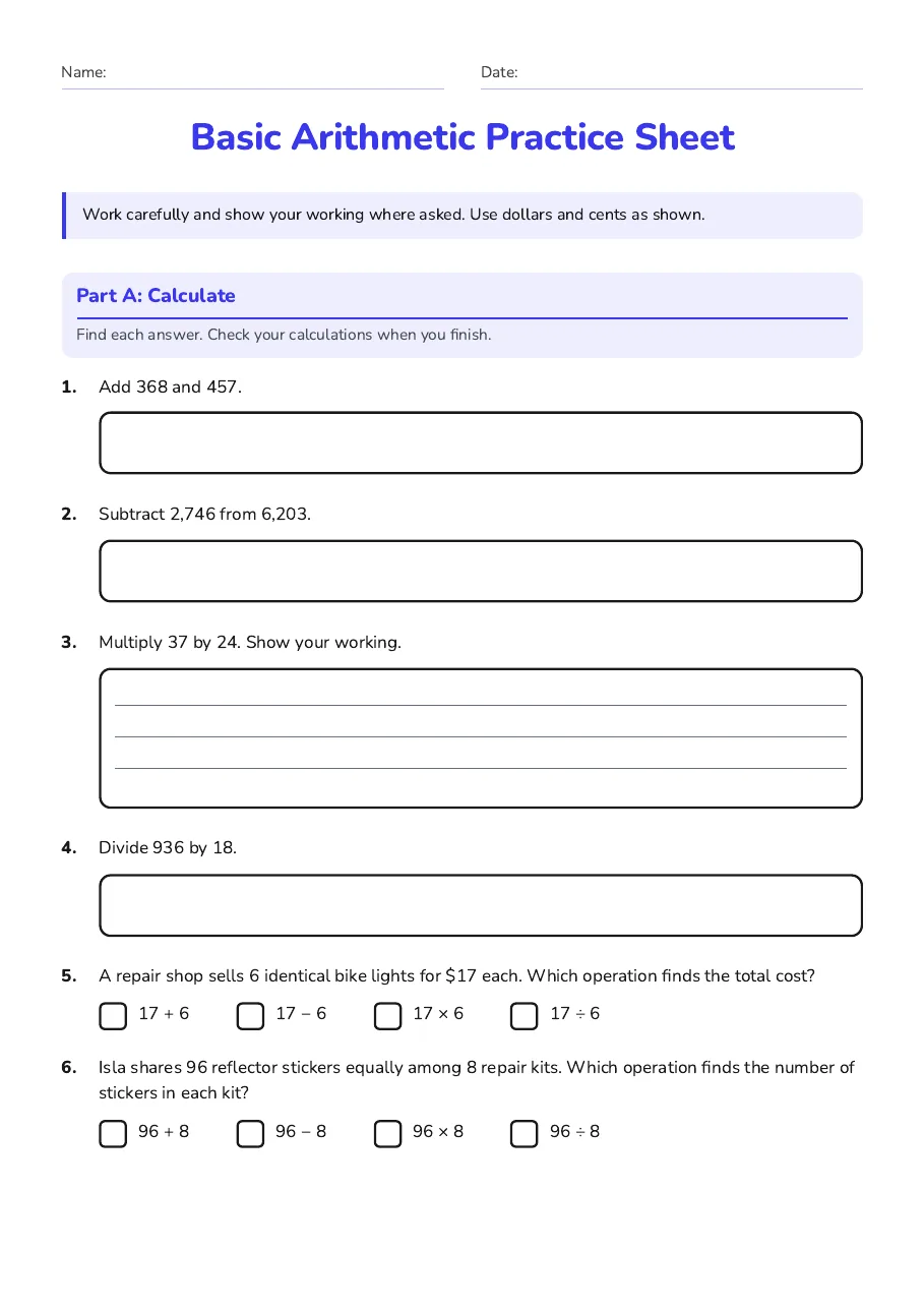 Basic Arithmetic Practice Sheet, page 1 of 2: Part A: Calculate