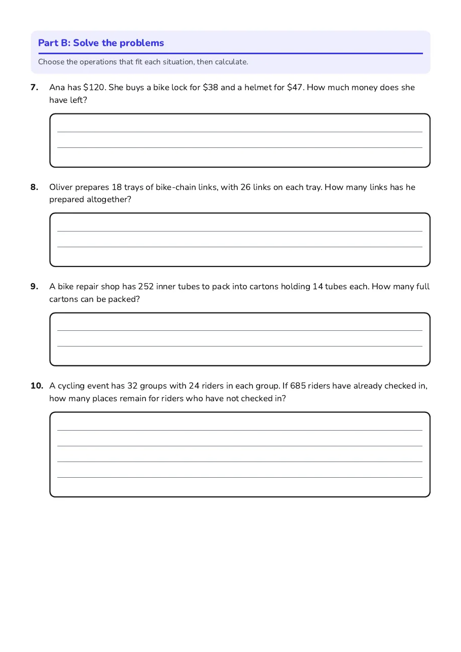 Basic Arithmetic Practice Sheet, page 2 of 2: Part B: Solve the problems