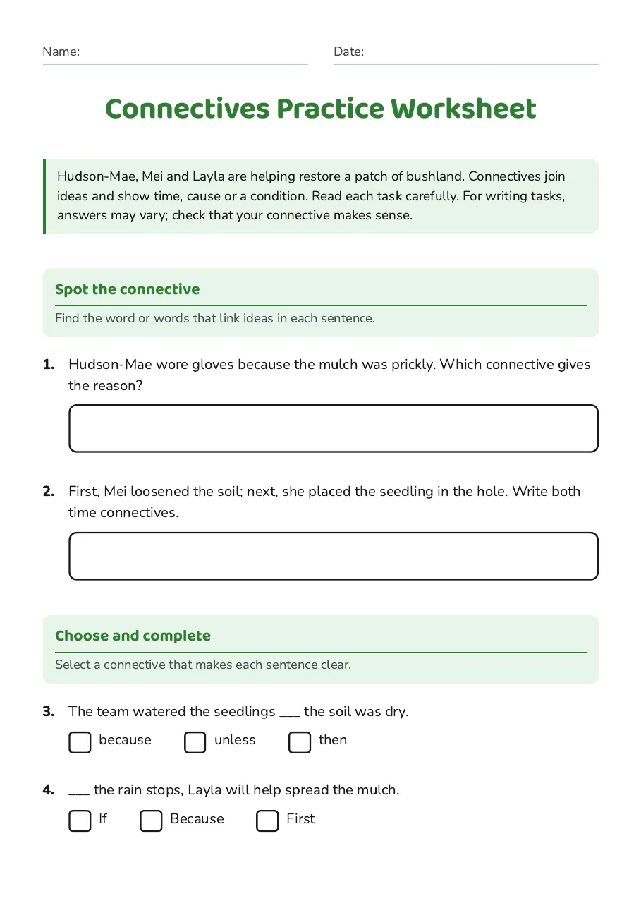 Connectives Practice Worksheet, page 1 of 3: Spot the connective, Choose and complete