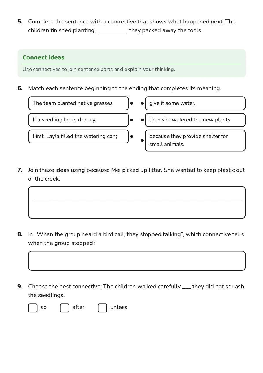 Connectives Practice Worksheet, page 2 of 3: Connect ideas