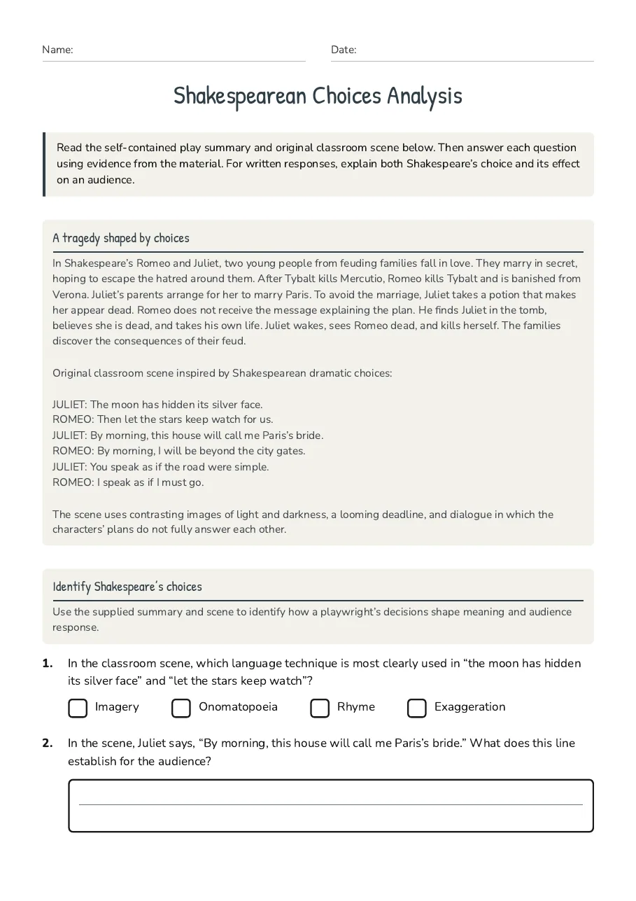 Shakespearean Choices Analysis, page 1 of 3: A tragedy shaped by choices, Identify Shakespeare’s choices