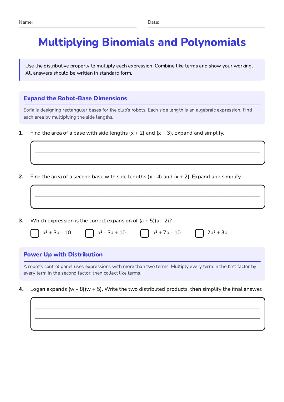 Multiplying Binomials and Polynomials, page 1 of 3: Expand the Robot-Base Dimensions, Power Up with Distribution