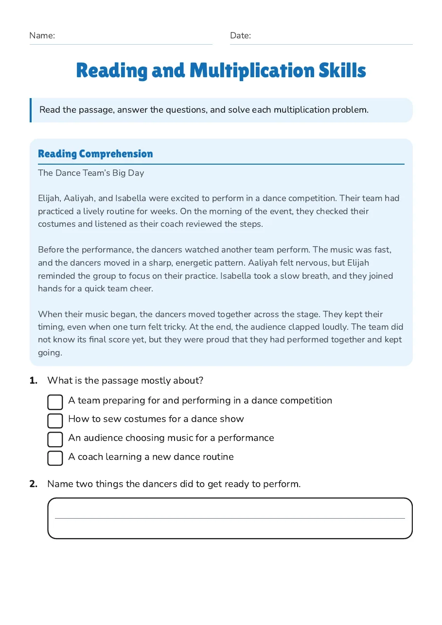 Reading and Multiplication Skills, page 1 of 3: Reading Comprehension