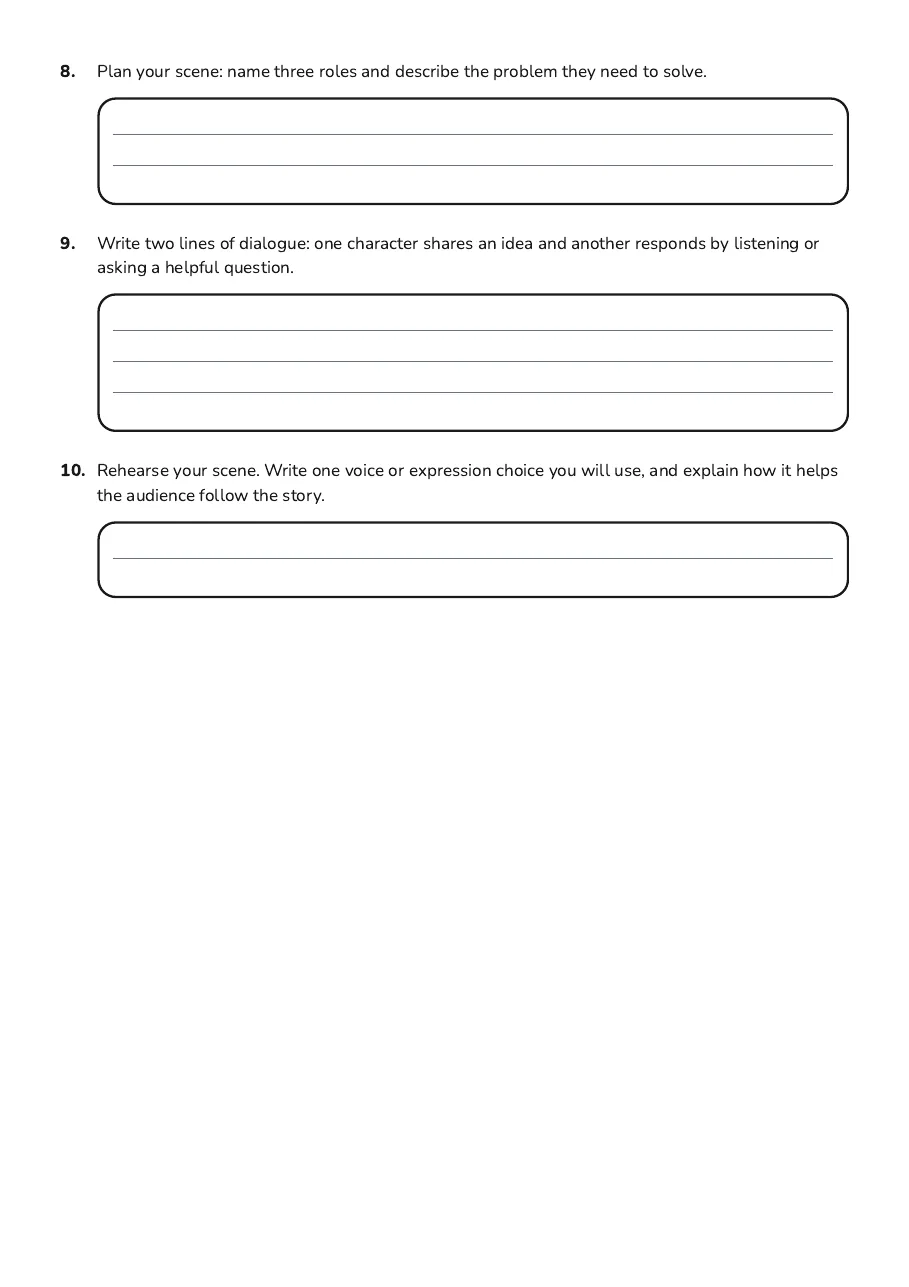 Readers Theatre Script Collection, page 3 of 3: 8. Plan your scene: name three roles and describe the problem they need to solve.