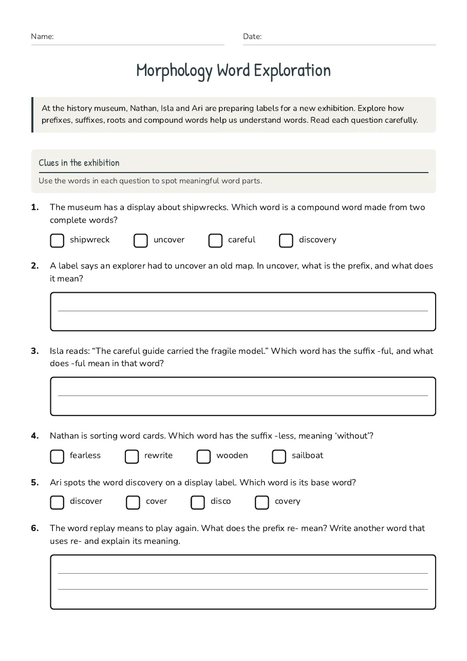 Morphology Word Exploration, page 1 of 2: Clues in the exhibition