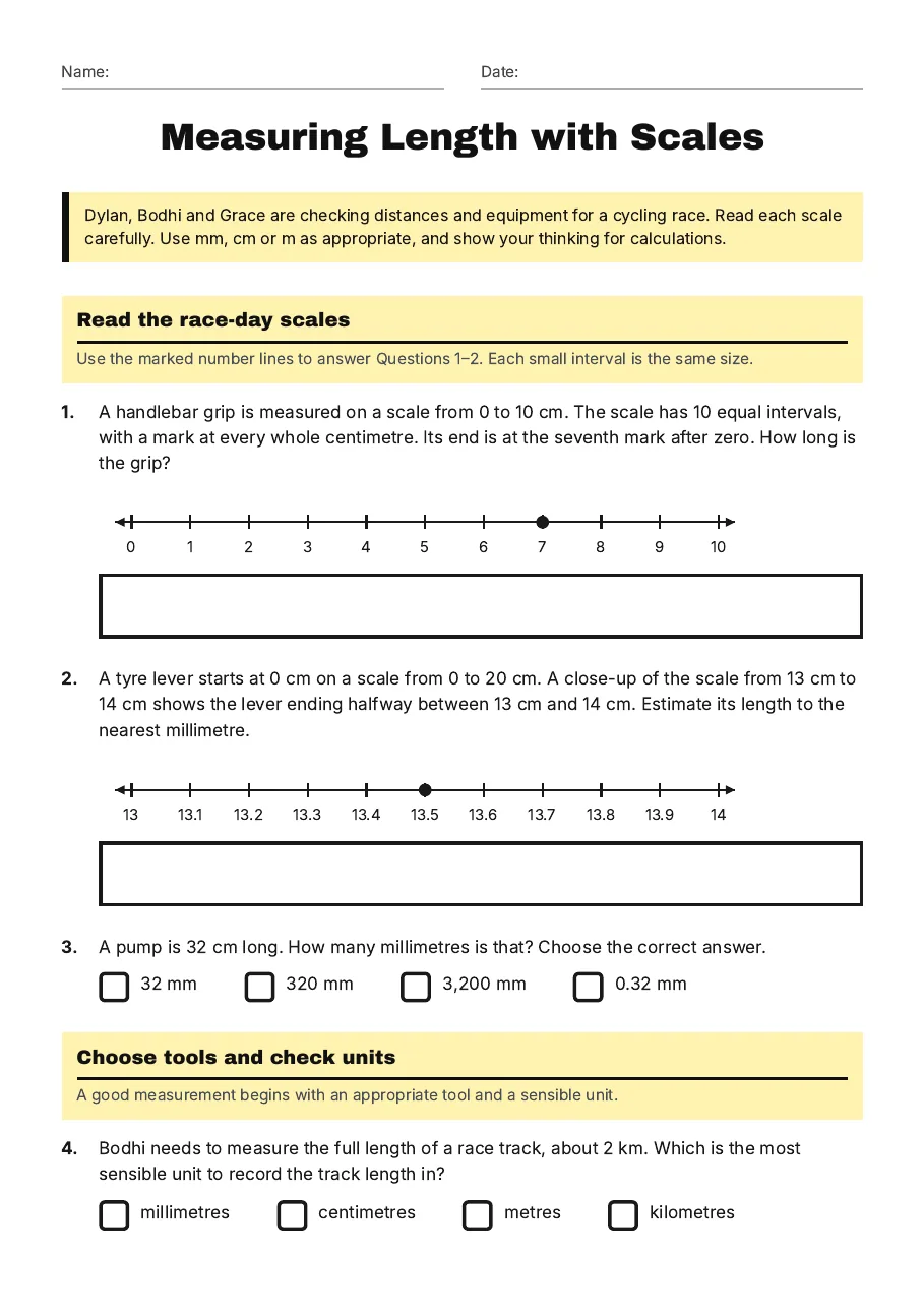 Measuring Length with Scales, page 1 of 3: Read the race-day scales, Choose tools and check units
