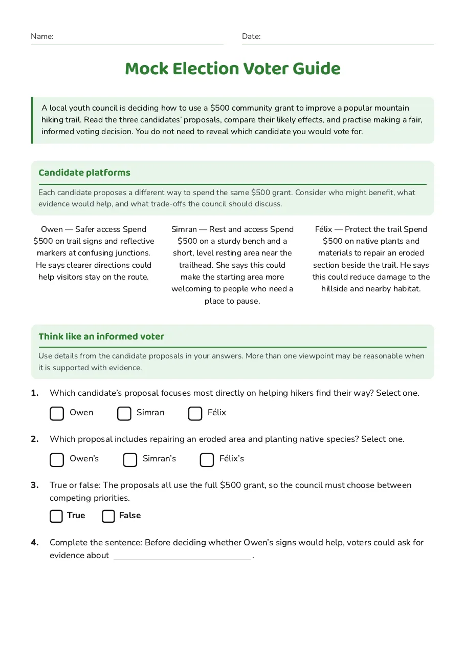 Mock Election Voter Guide, page 1 of 2: Candidate platforms, Think like an informed voter