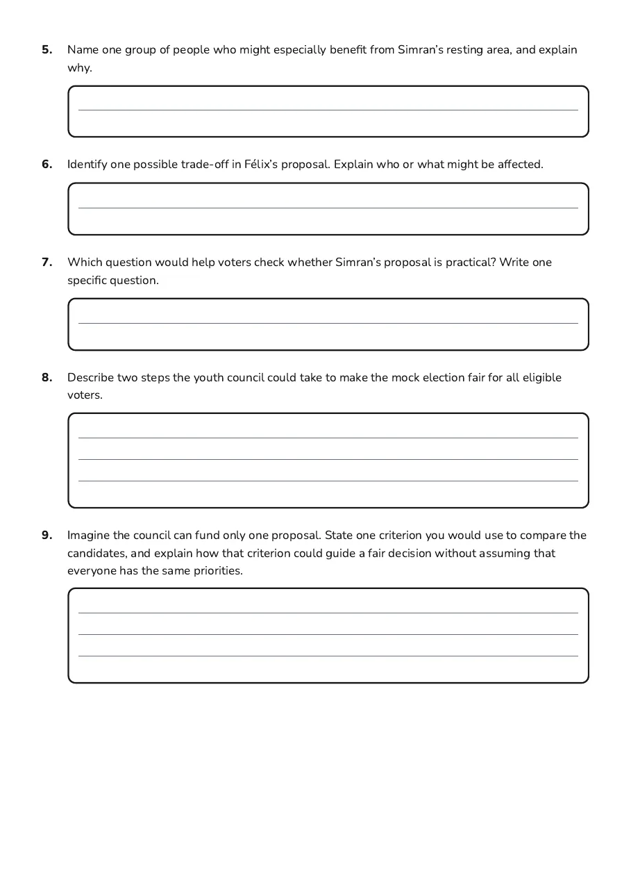 Mock Election Voter Guide, page 2 of 2: 5. Name one group of people who might especially benefit from Simran’s resting area, and…
