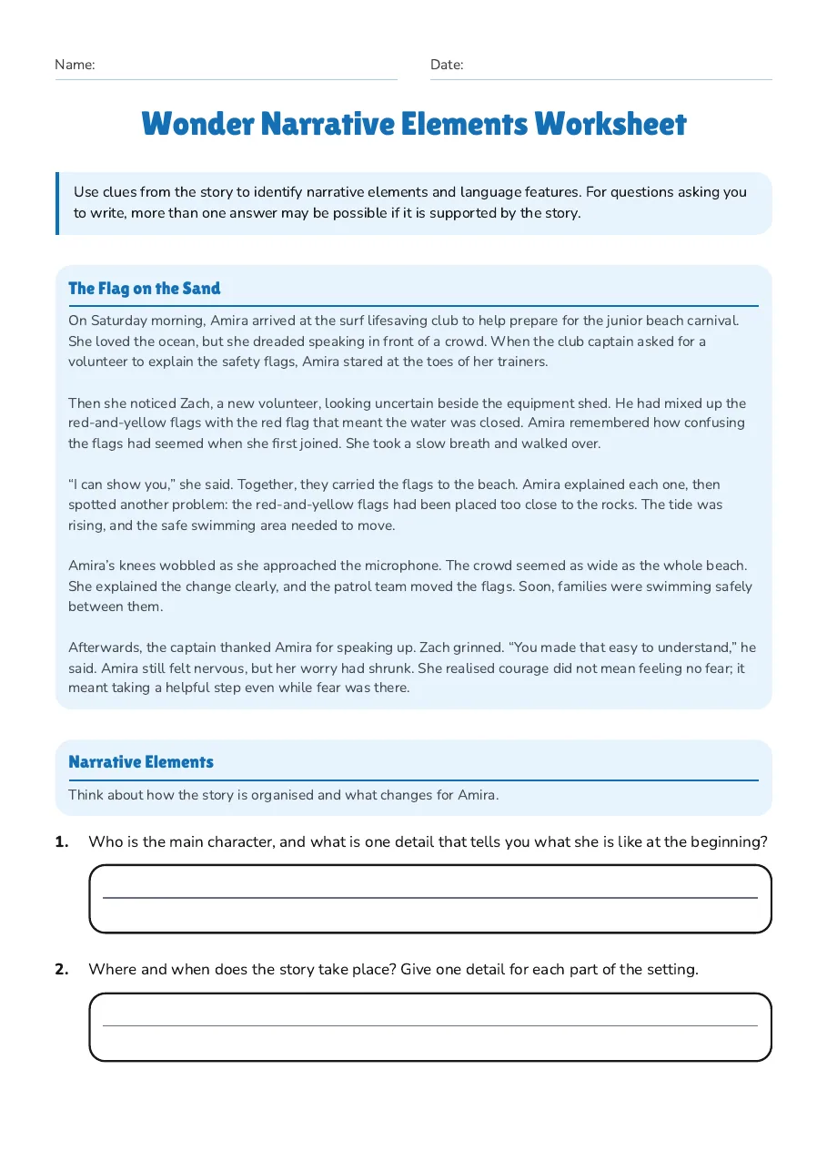 Wonder Narrative Elements Worksheet, page 1 of 3: The Flag on the Sand, Narrative Elements