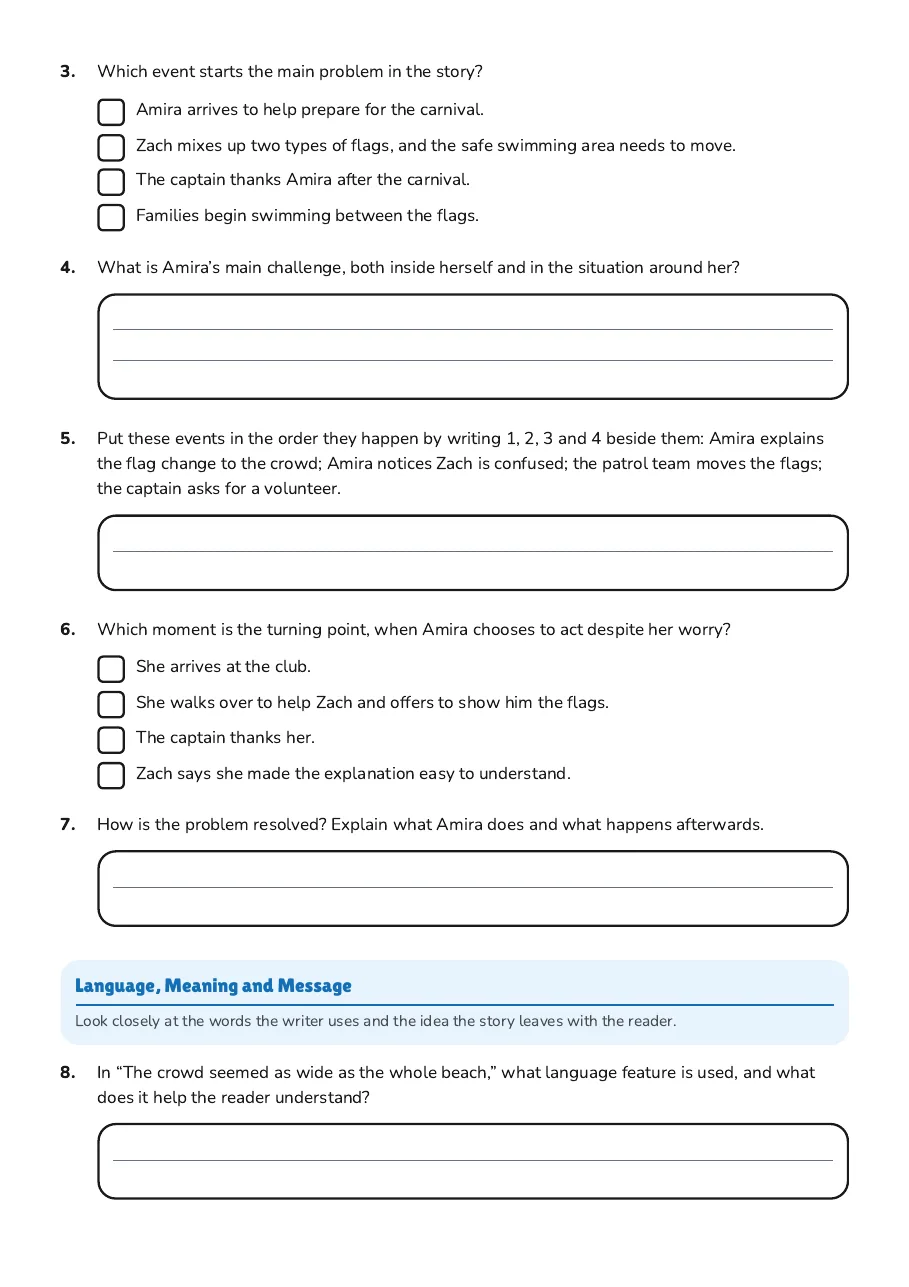 Wonder Narrative Elements Worksheet, page 2 of 3: Language, Meaning and Message