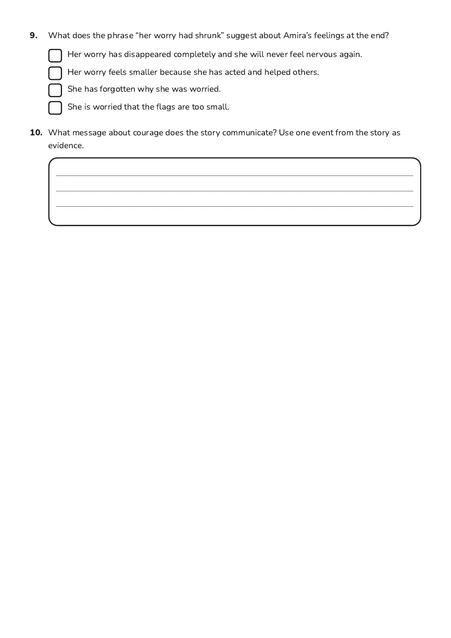 Wonder Narrative Elements Worksheet, page 3 of 3: 9. What does the phrase “her worry had shrunk” suggest about Amira’s feelings at the end?