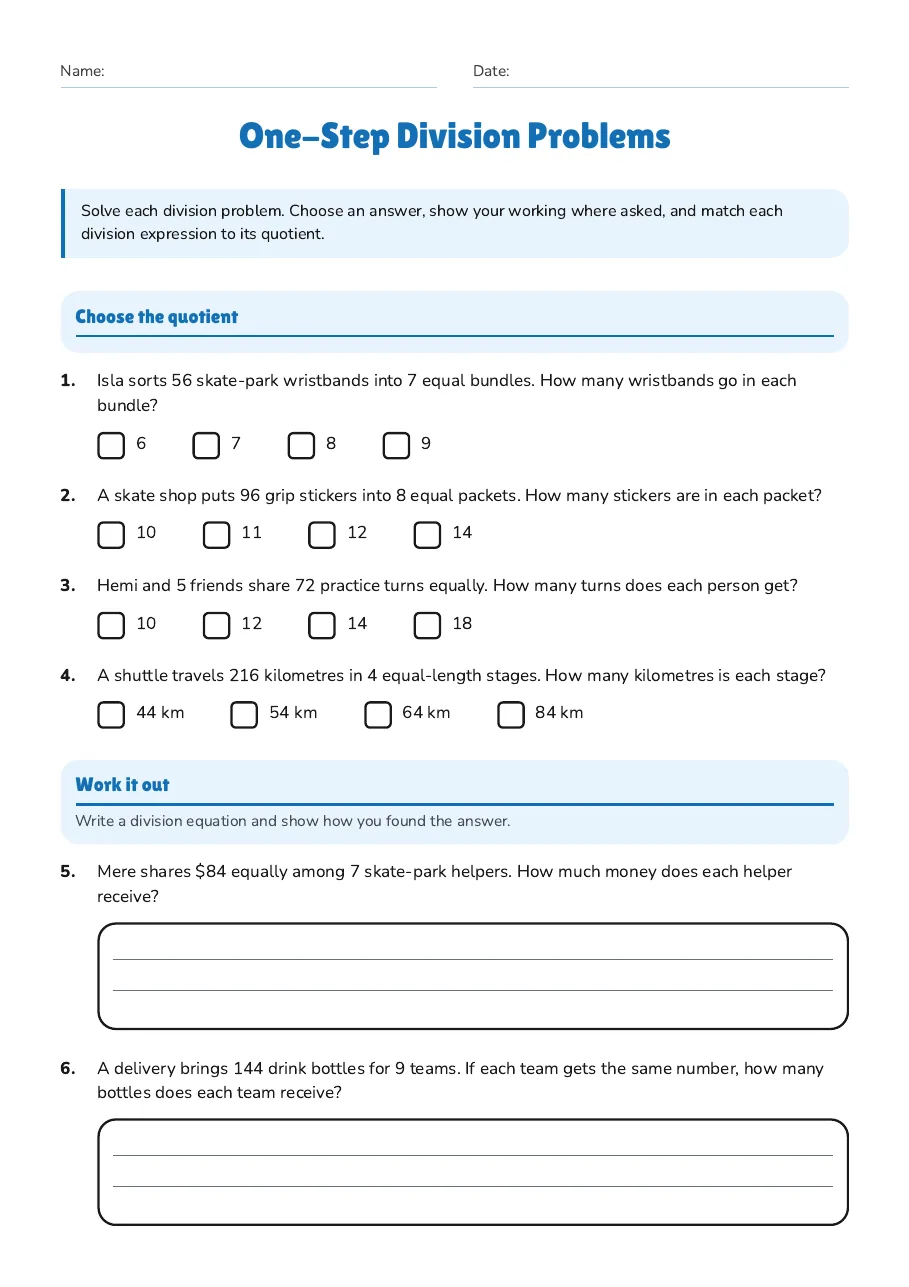 One-Step Division Problems, page 1 of 2: Choose the quotient, Work it out