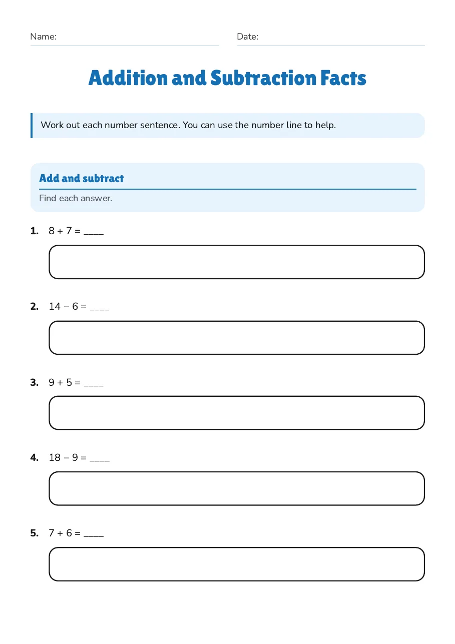 Addition and Subtraction Facts, page 1 of 3: Add and subtract