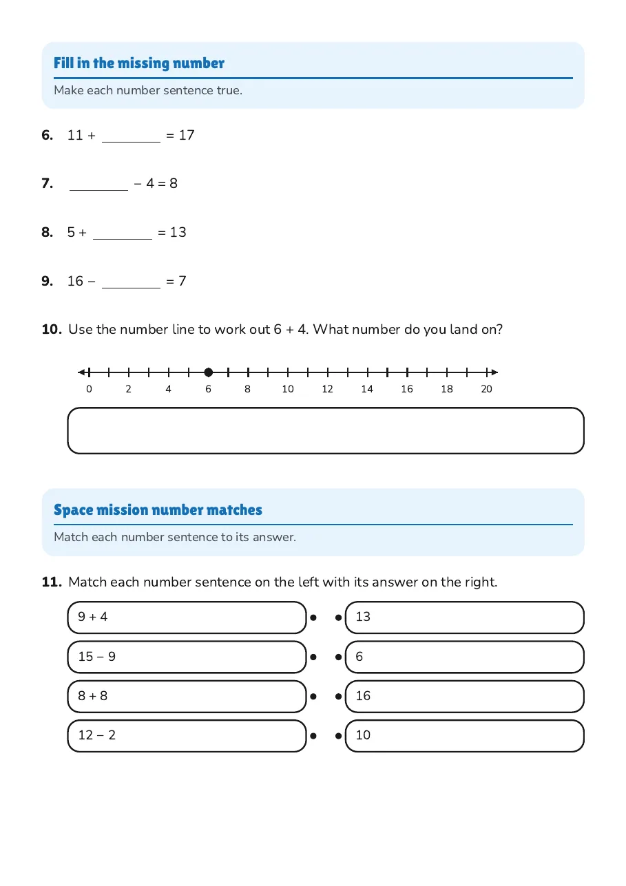 Addition and Subtraction Facts, page 2 of 3: Fill in the missing number, Space mission number matches