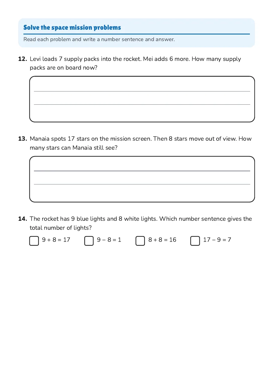Addition and Subtraction Facts, page 3 of 3: Solve the space mission problems