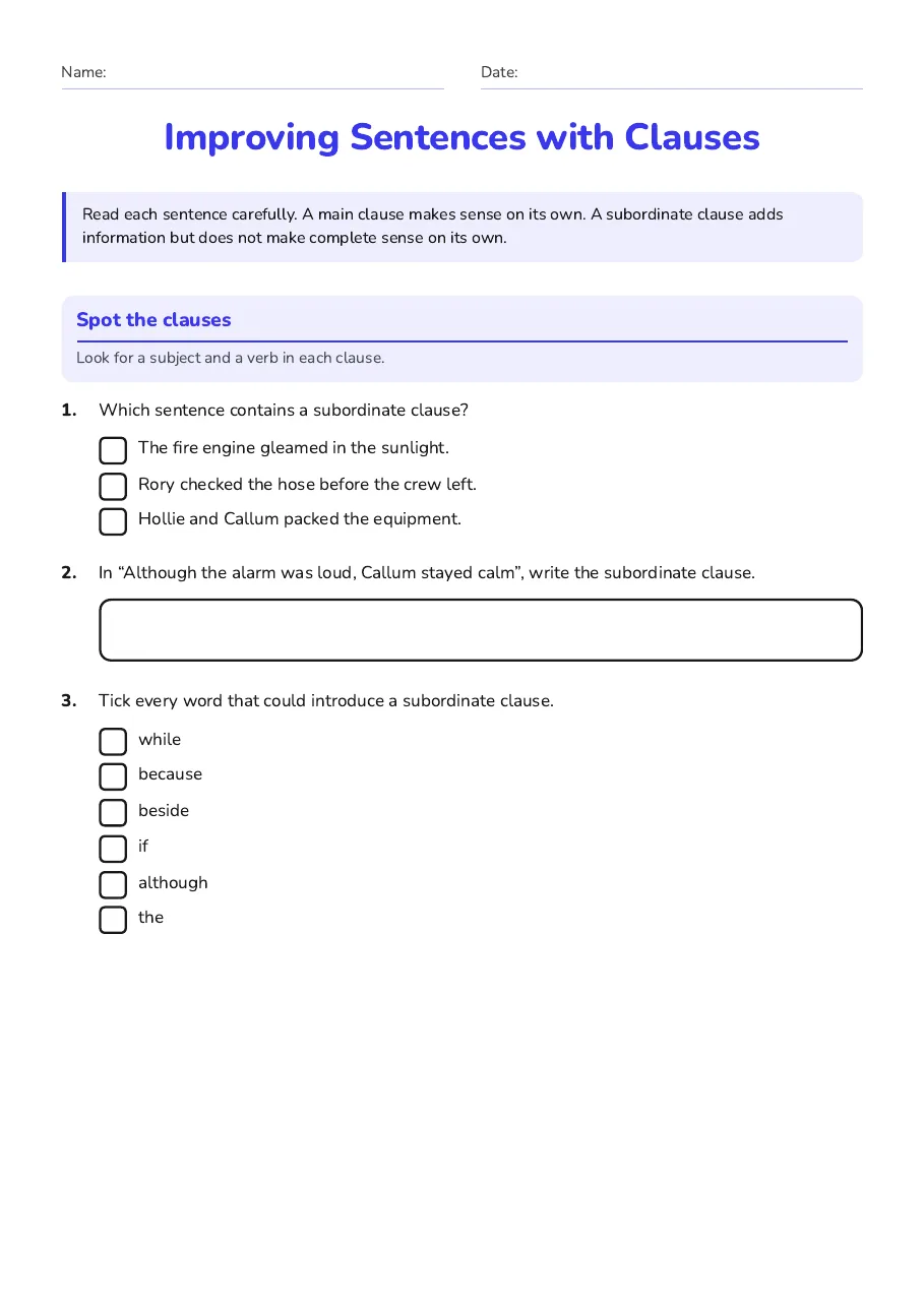 Improving Sentences with Clauses, page 1 of 3: Spot the clauses