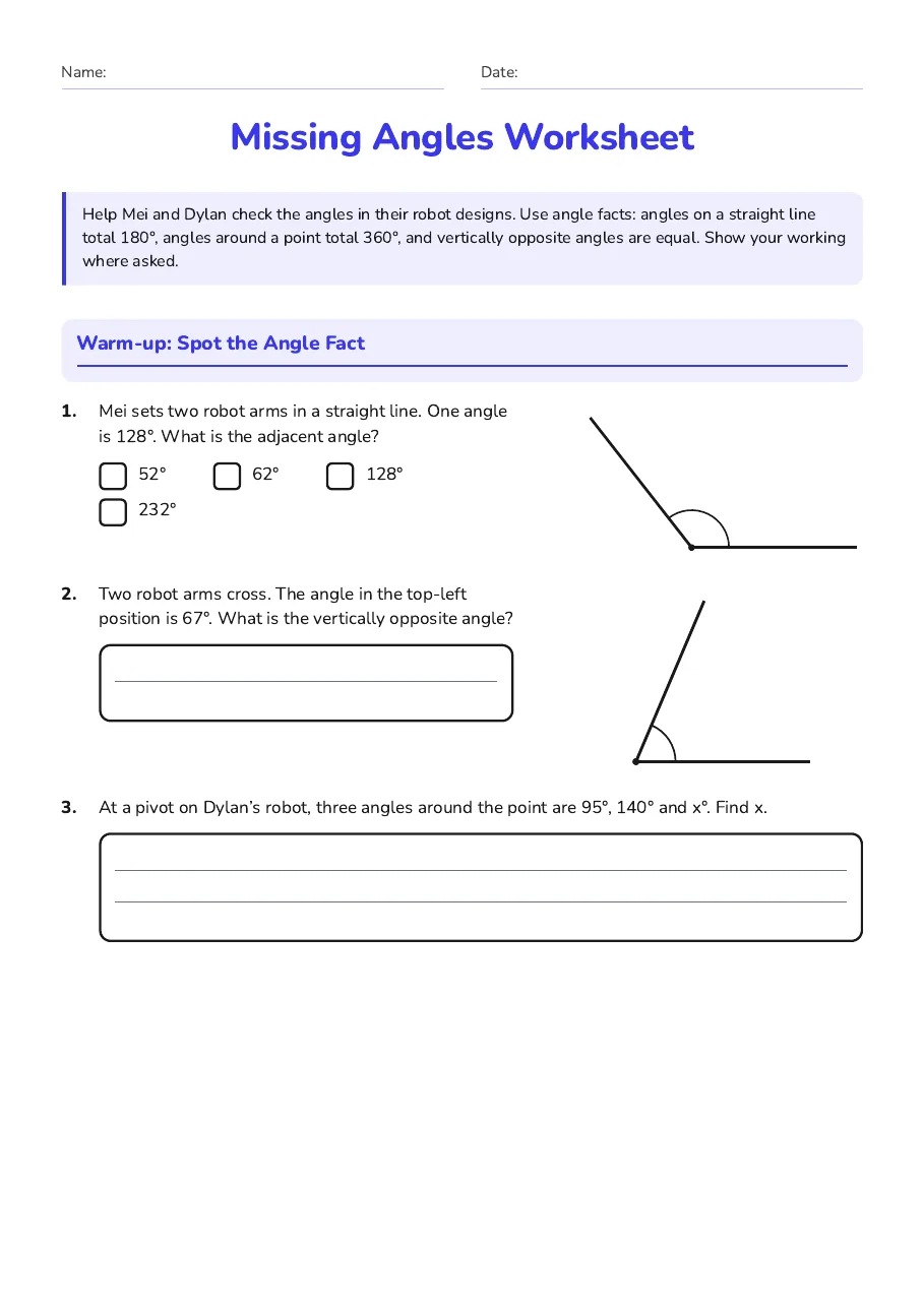 Missing Angles Worksheet, page 1 of 3: Warm-up: Spot the Angle Fact