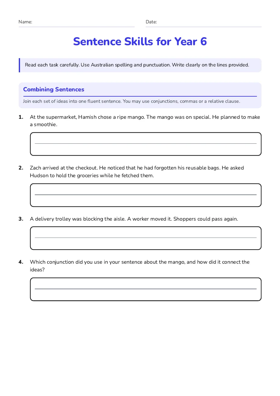 Sentence Skills for Year 6, page 1 of 4: Combining Sentences
