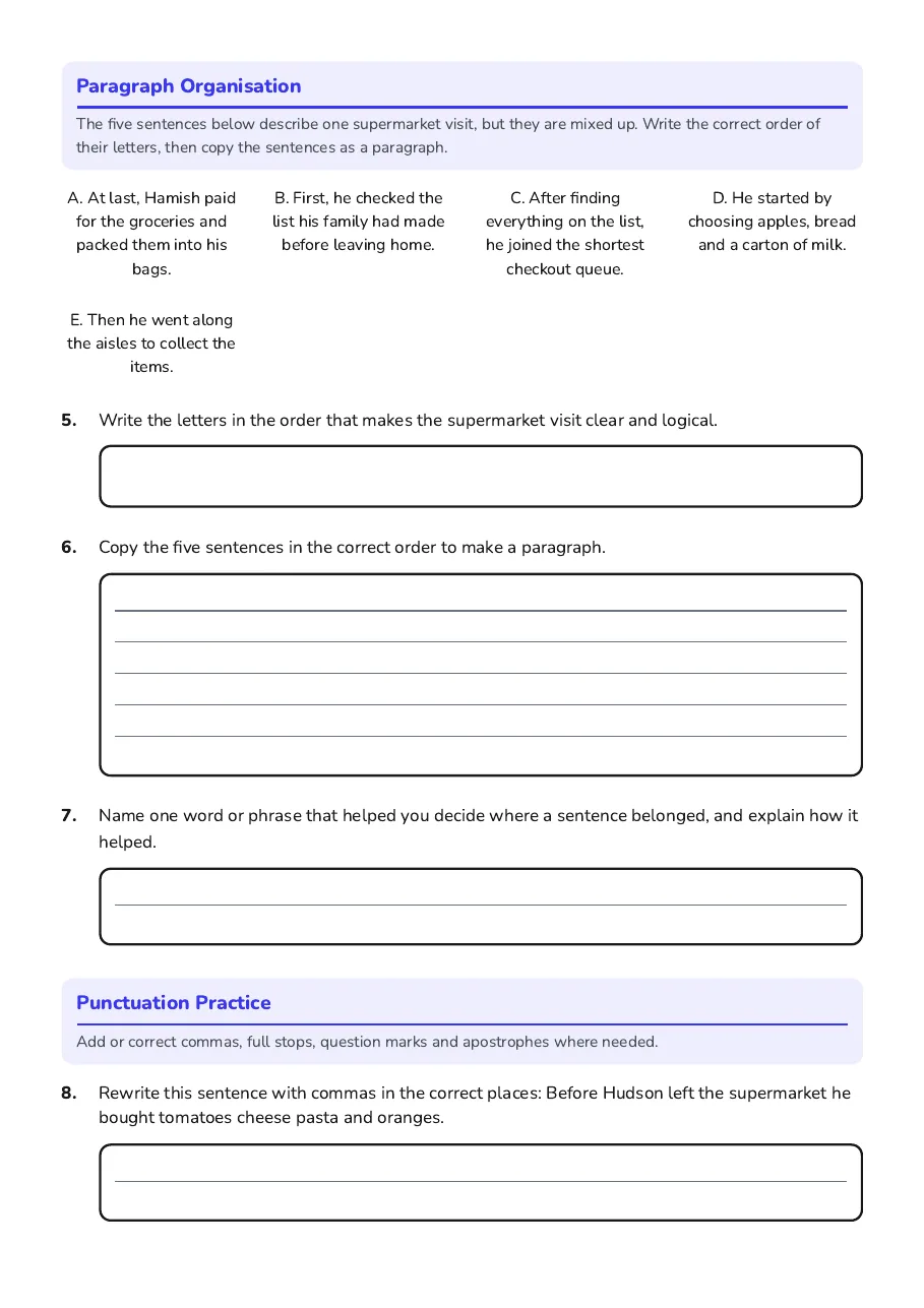 Sentence Skills for Year 6, page 2 of 4: Paragraph Organisation, Punctuation Practice