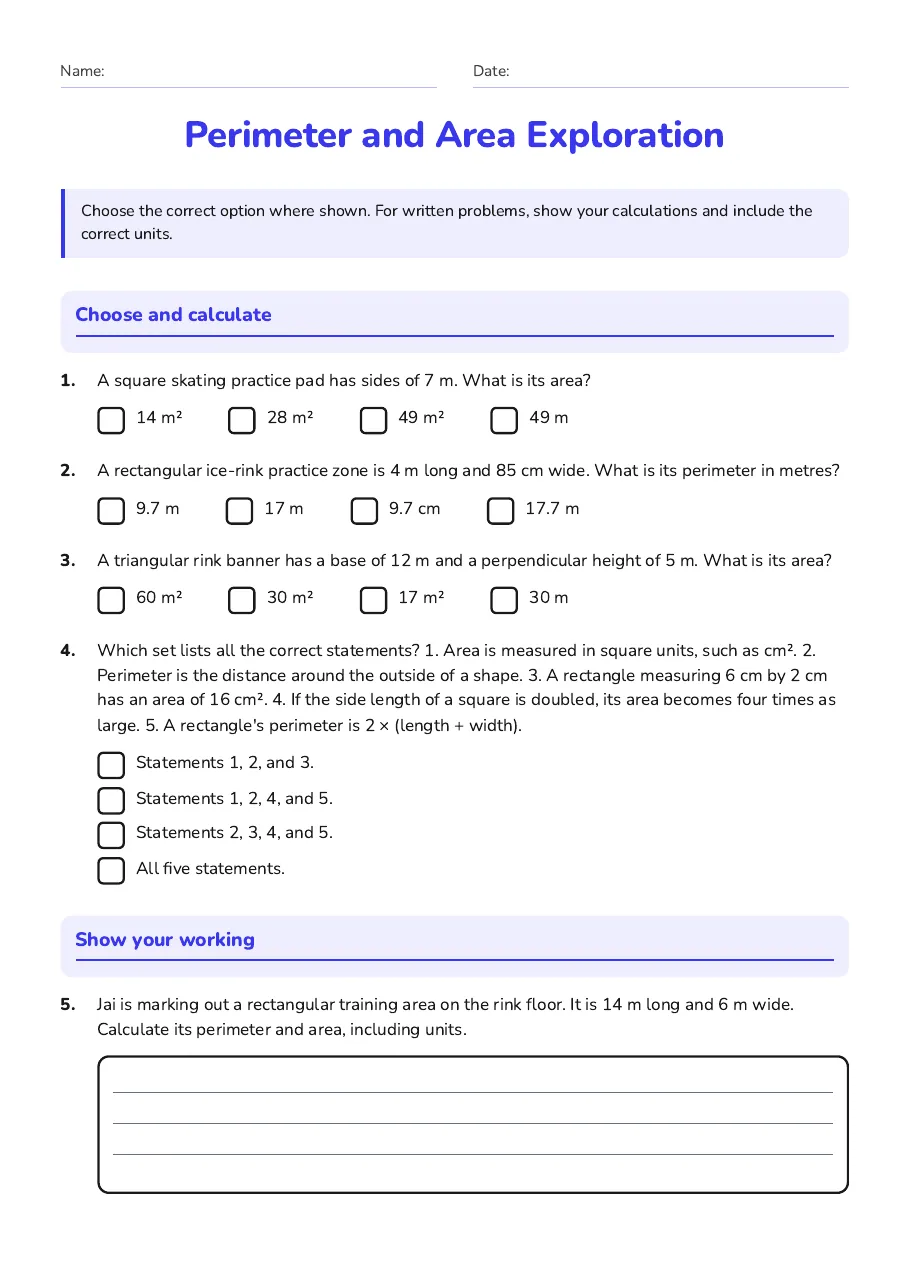 Perimeter and Area Exploration, page 1 of 3: Choose and calculate, Show your working