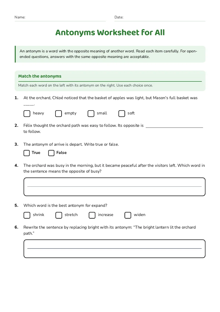 Antonyms Worksheet for All, page 1 of 2: Match the antonyms