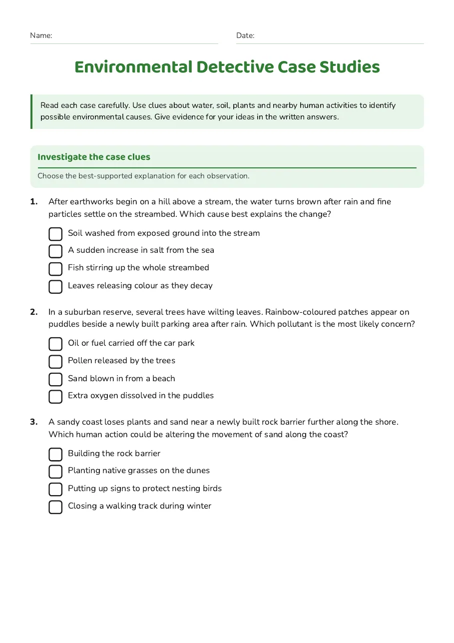 Environmental Detective Case Studies, page 1 of 3: Investigate the case clues