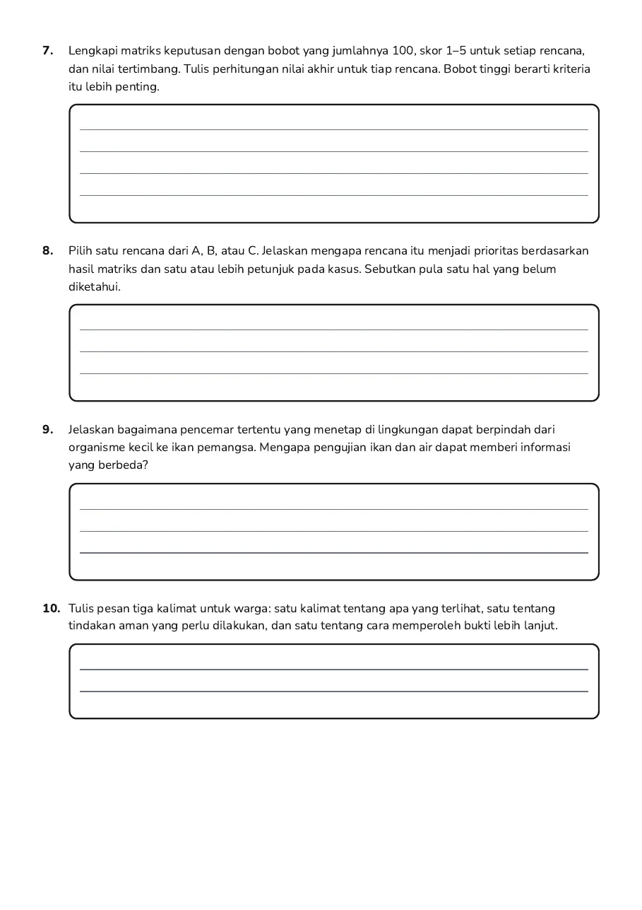 Analisis Pencemaran Air, page 3 of 3: 7. Lengkapi matriks keputusan dengan bobot yang jumlahnya 100, skor 1–5 untuk setiap…
