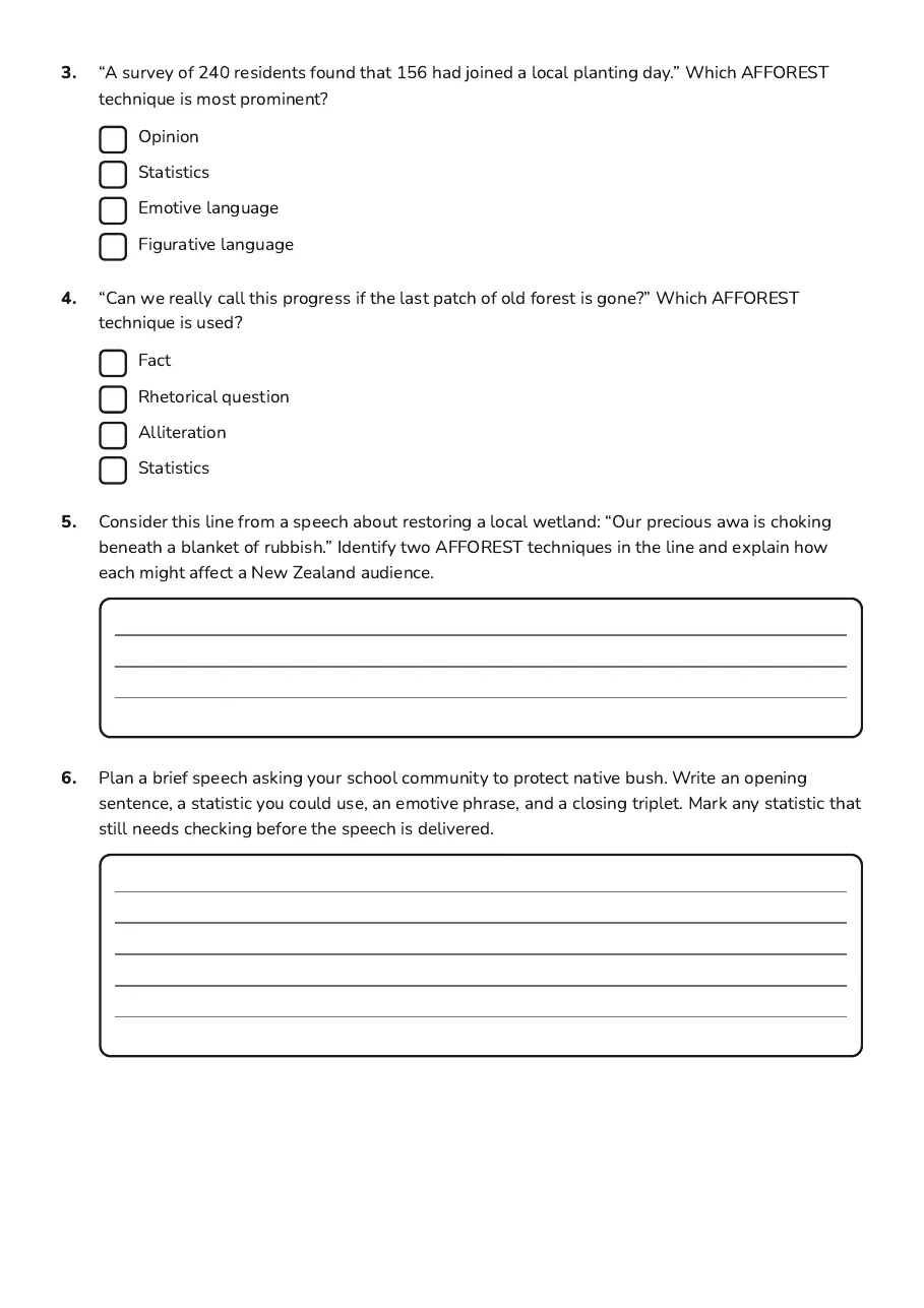 NZ Speeches: AFFOREST Techniques, page 2 of 2: 3. “A survey of 240 residents found that 156 had joined a local planting day.” Which…