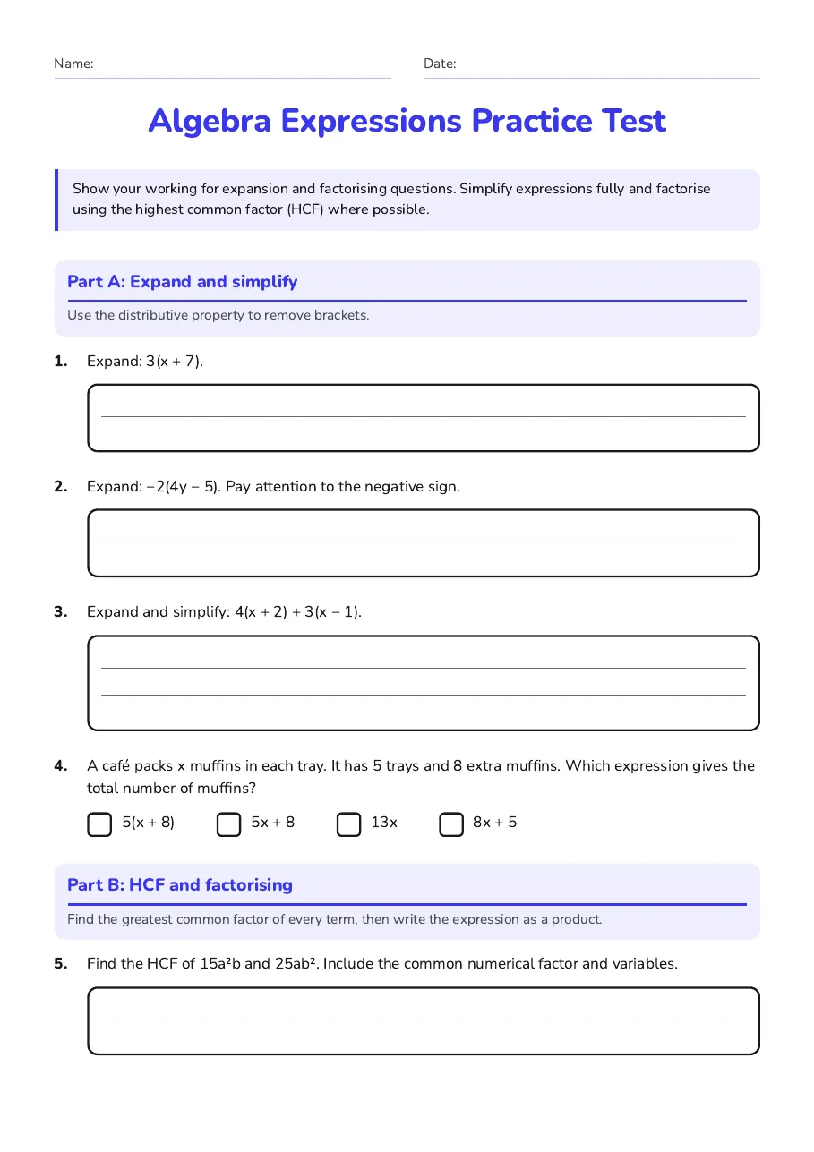 Algebra Expressions Practice Test, page 1 of 2: Part A: Expand and simplify, Part B: HCF and factorising