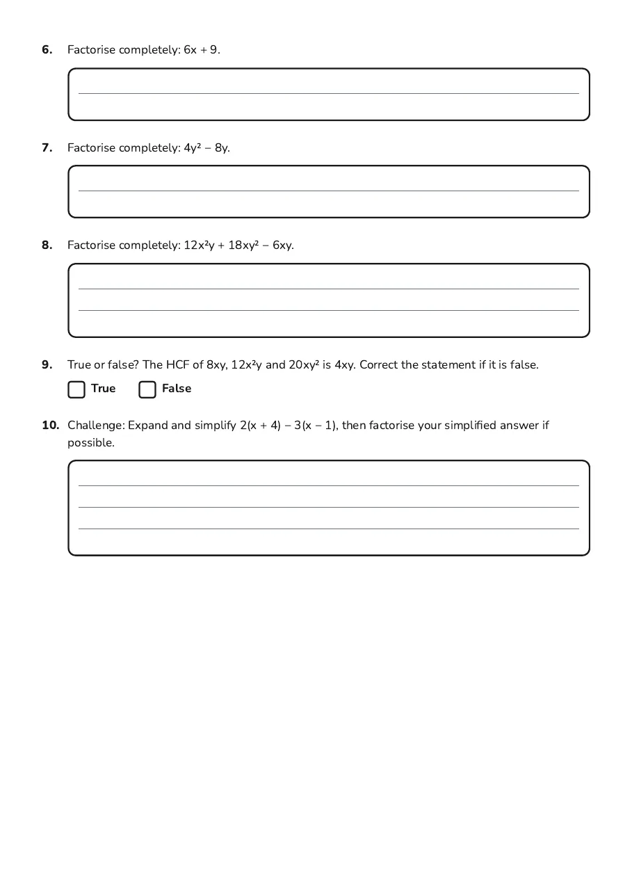 Algebra Expressions Practice Test, page 2 of 2: 6. Factorise completely: 6x + 9.