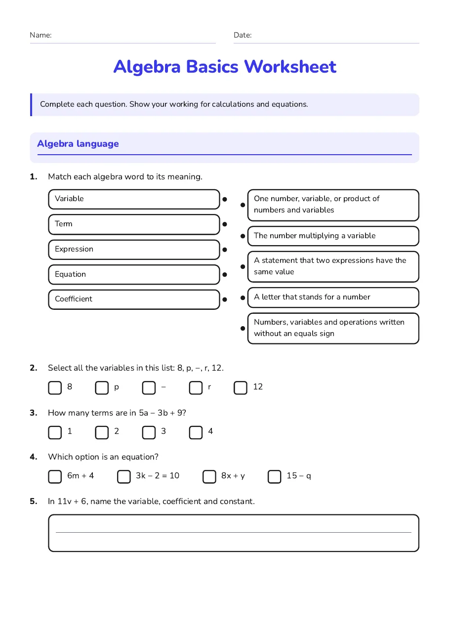 Algebra Basics Worksheet, page 1 of 6: Algebra language