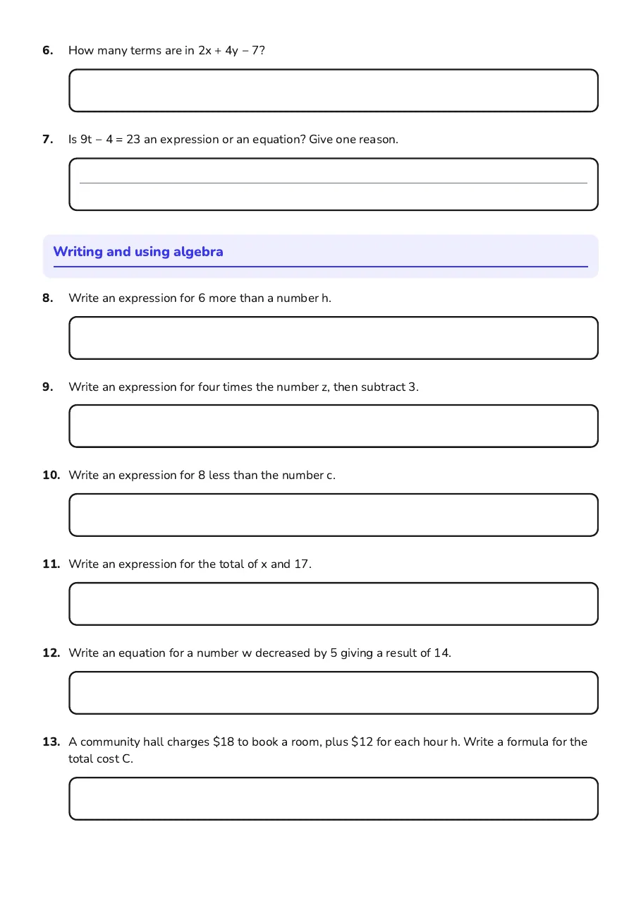 Algebra Basics Worksheet, page 2 of 6: Writing and using algebra