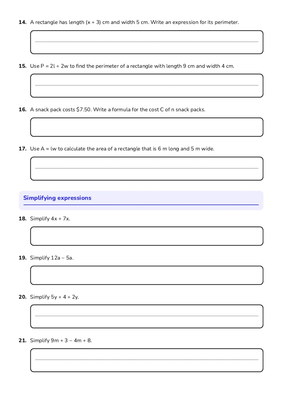 Algebra Basics Worksheet, page 3 of 6: Simplifying expressions